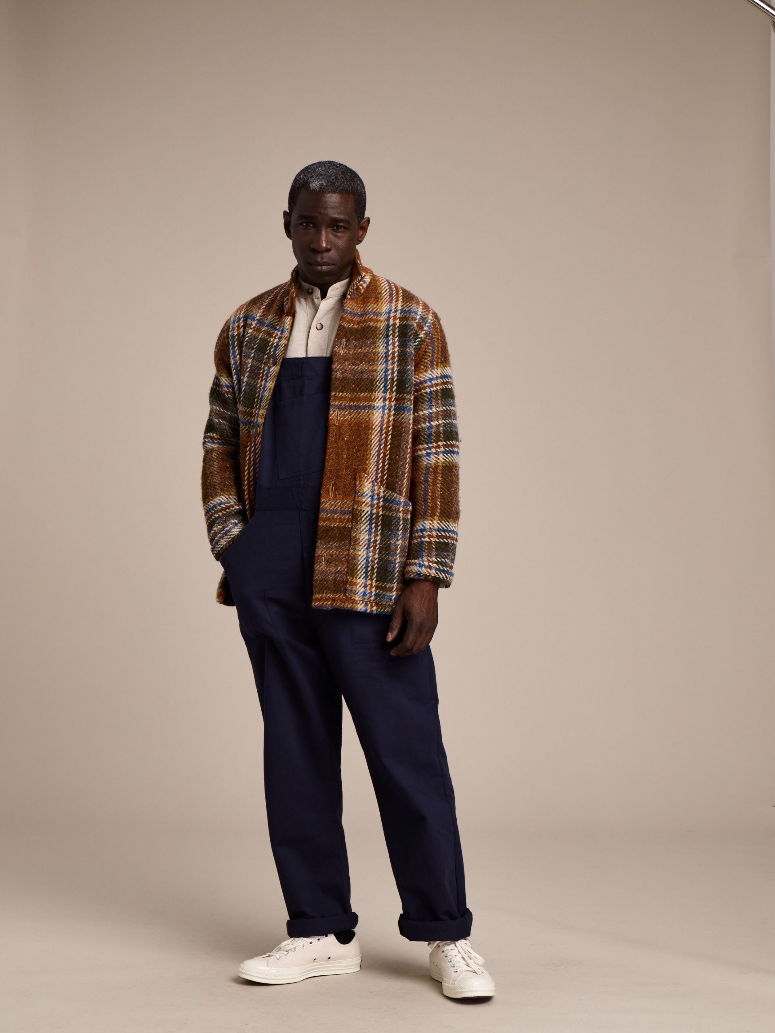 Man wearing Carrier Company Men's Dungarees with Celtic Wool Jacket and Linen Collarless Work Shirt