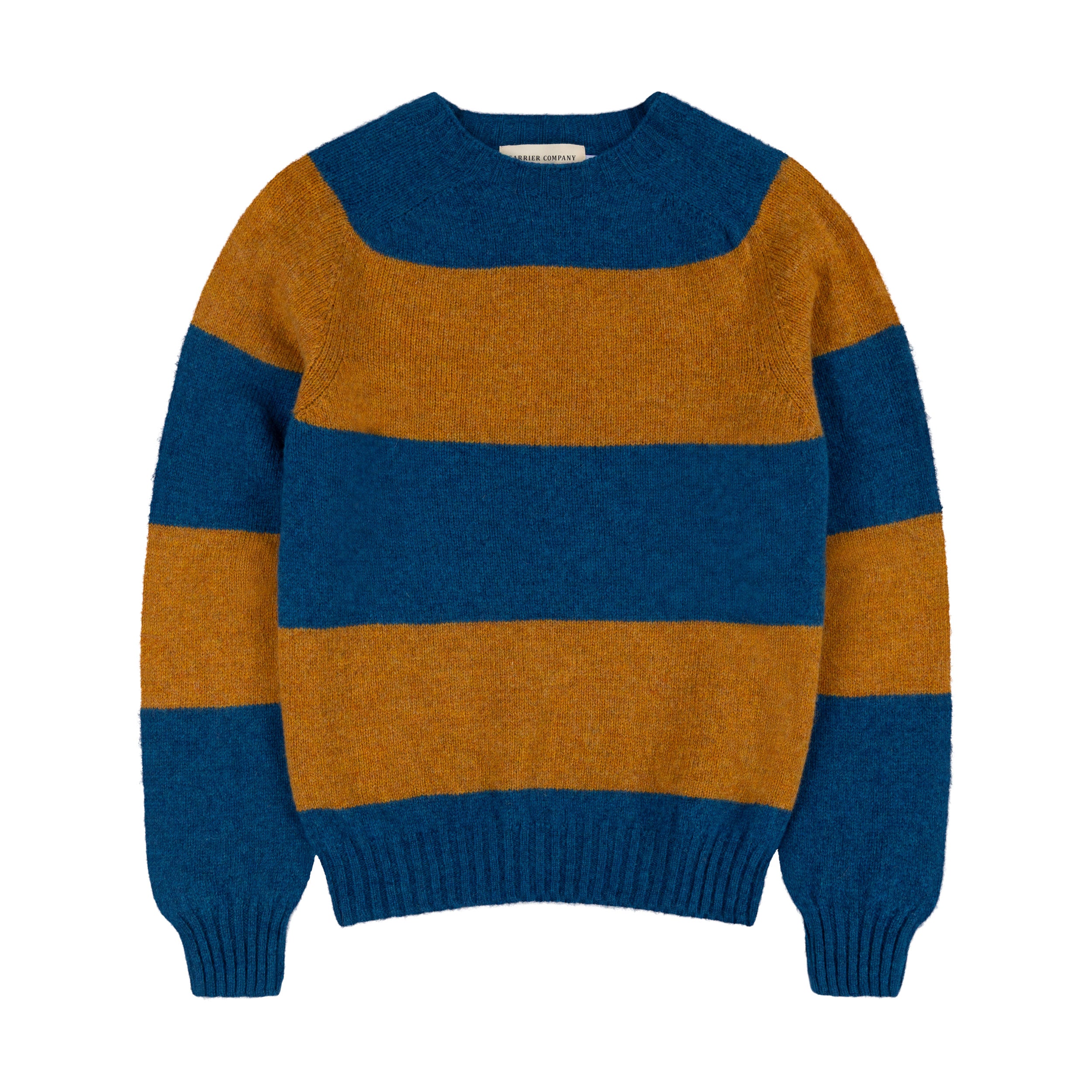Carrier Company Banded Shetland Jumper In Blue & Gold Lambswool.
