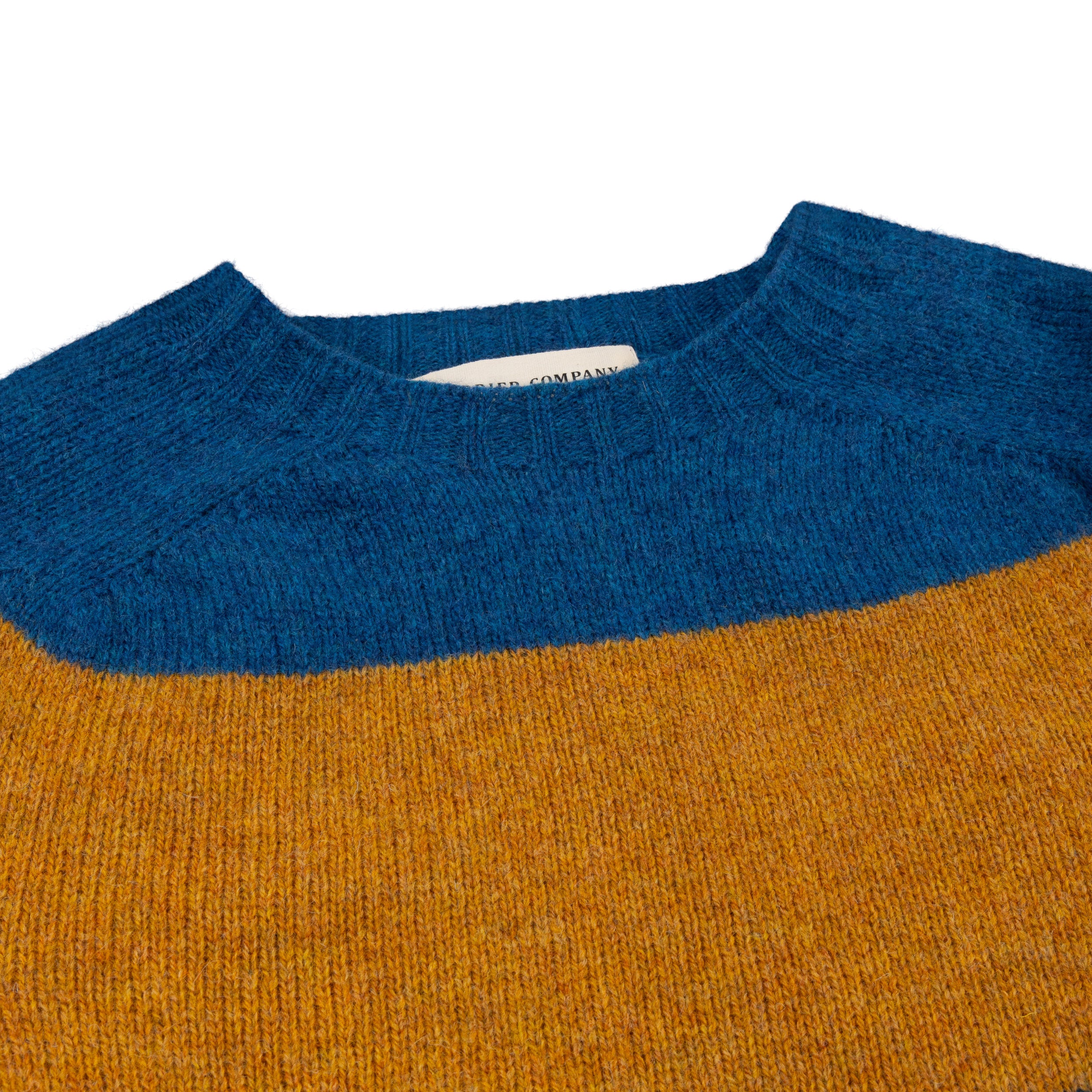 Carrier Company Banded Shetland Jumper In Blue & Gold Lambswool.
