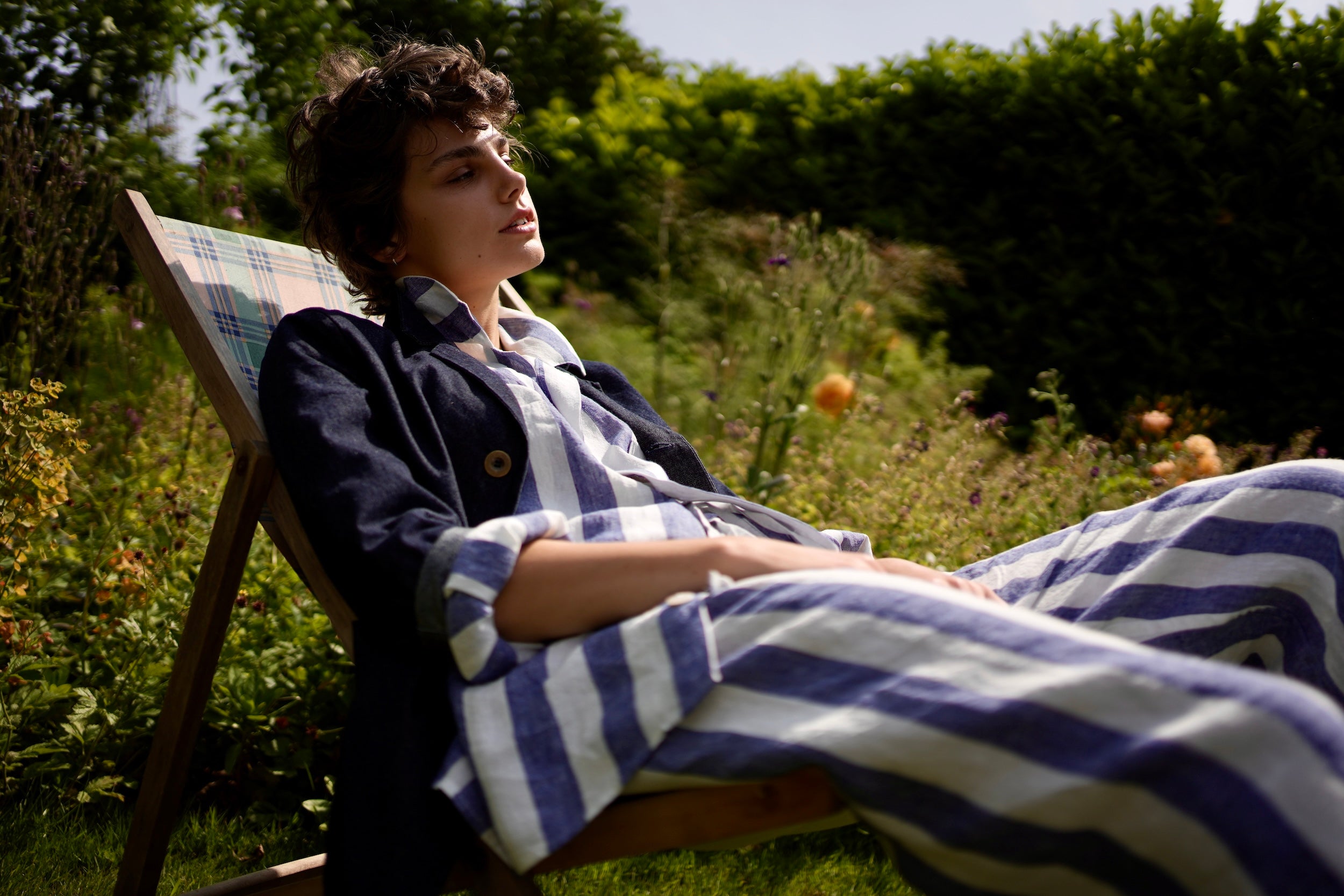 Els Wears Carrier Company Three Button Jacket in Denim With Linen Striped Pyjamas