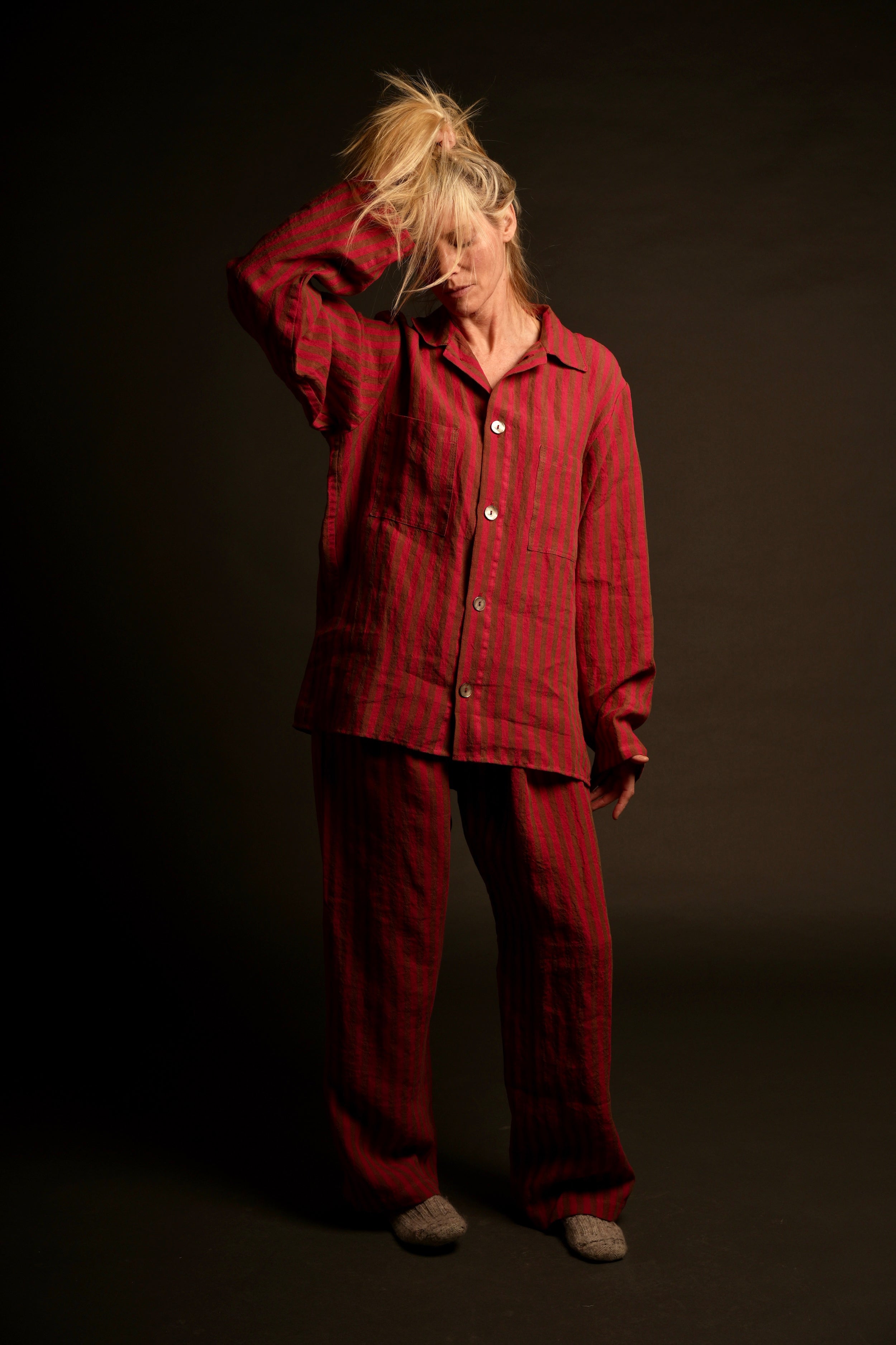 Sienna Wears Carrier Company cherry and khaki striped linen pyjamas