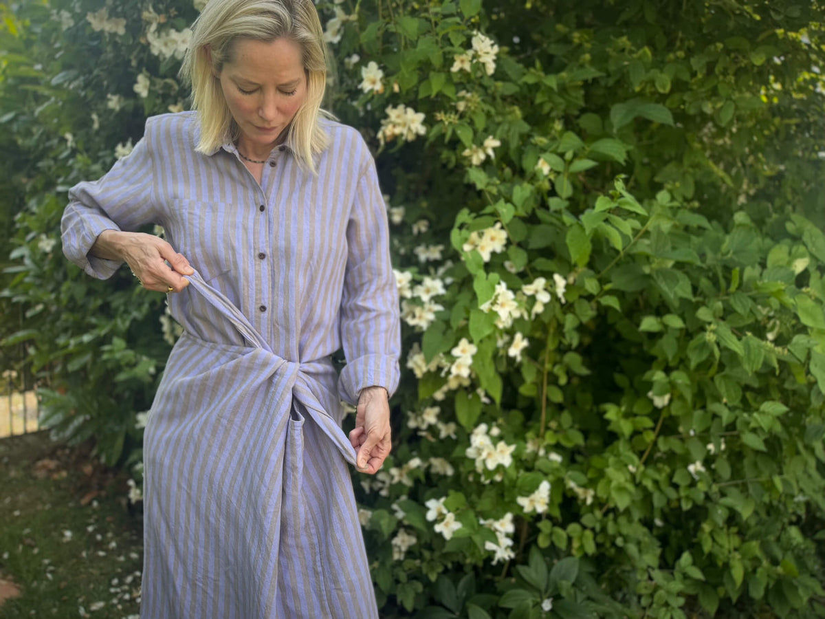 Sienna Wears Carrier Company Shirt Wrap Dress In Bluebell Stripe