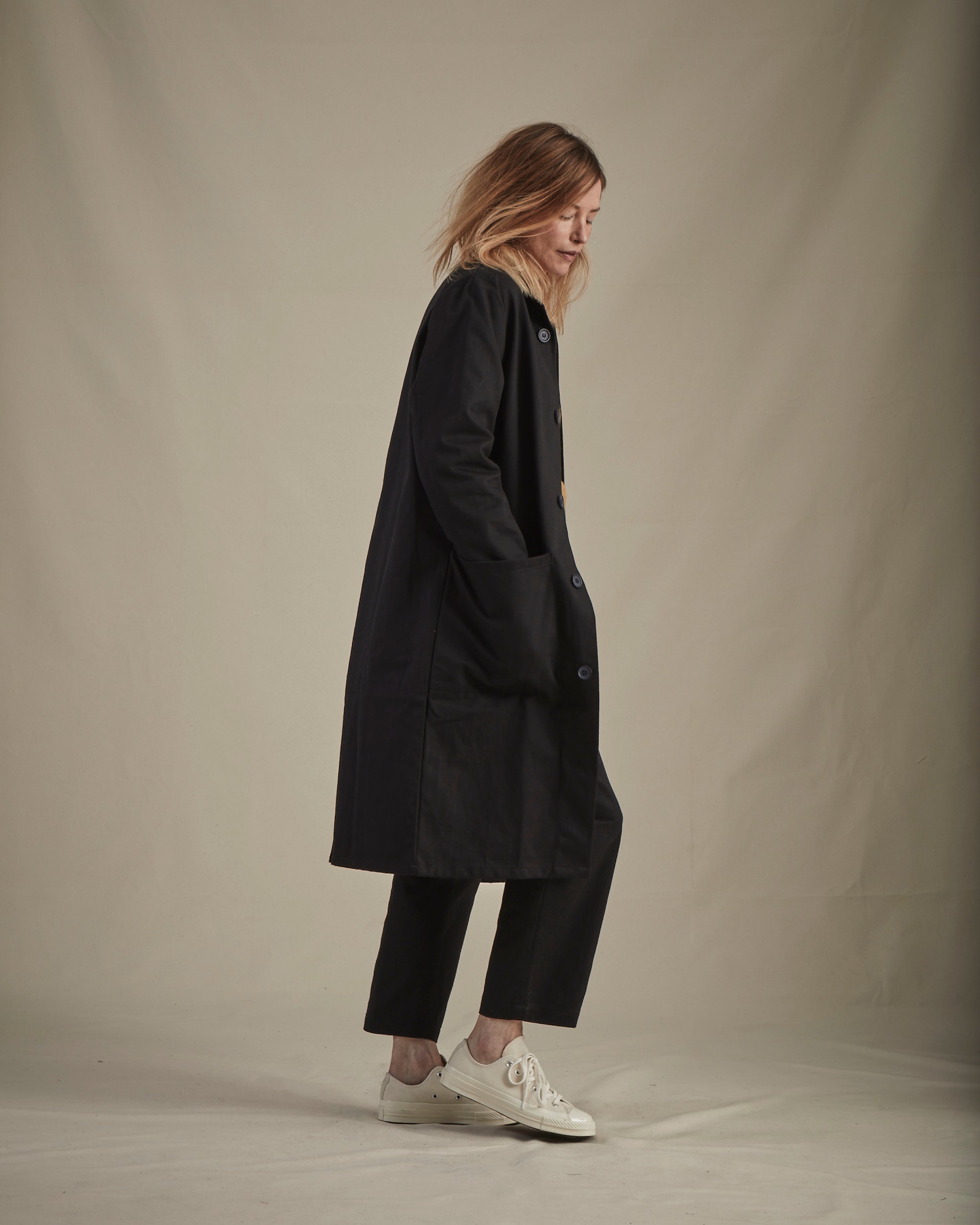 Sienna wearing Stockman Coat in Black Drill