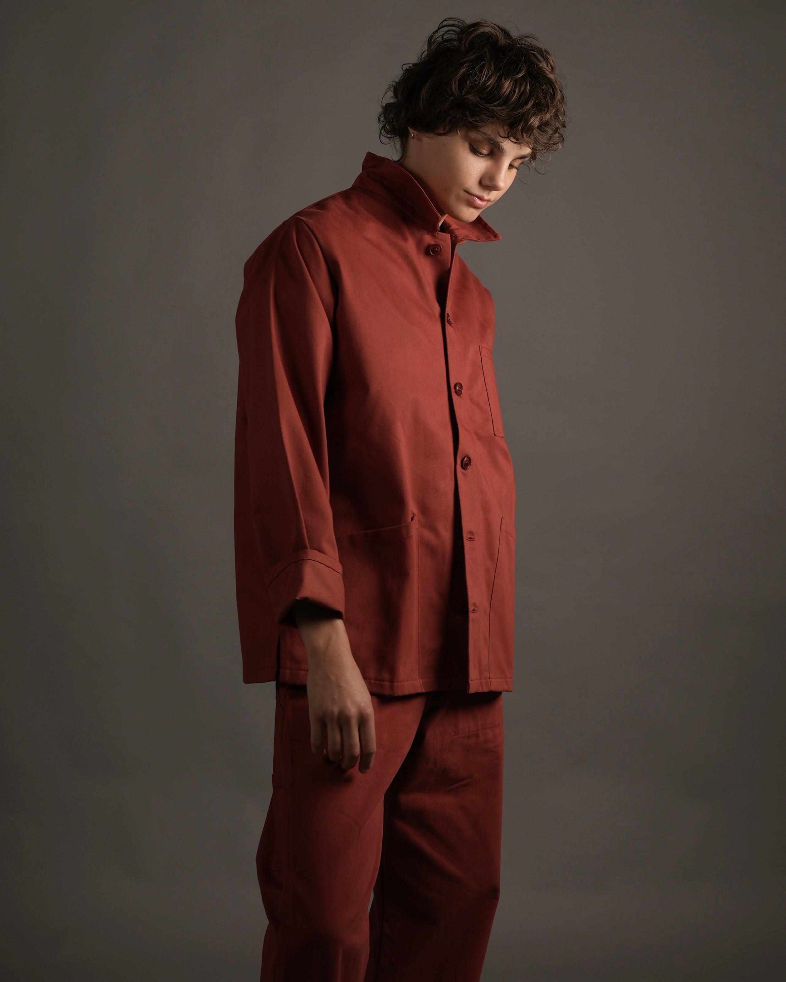 Els wears Carrier Company Norfolk Work Jacket and Women's Dungarees in Terracotta