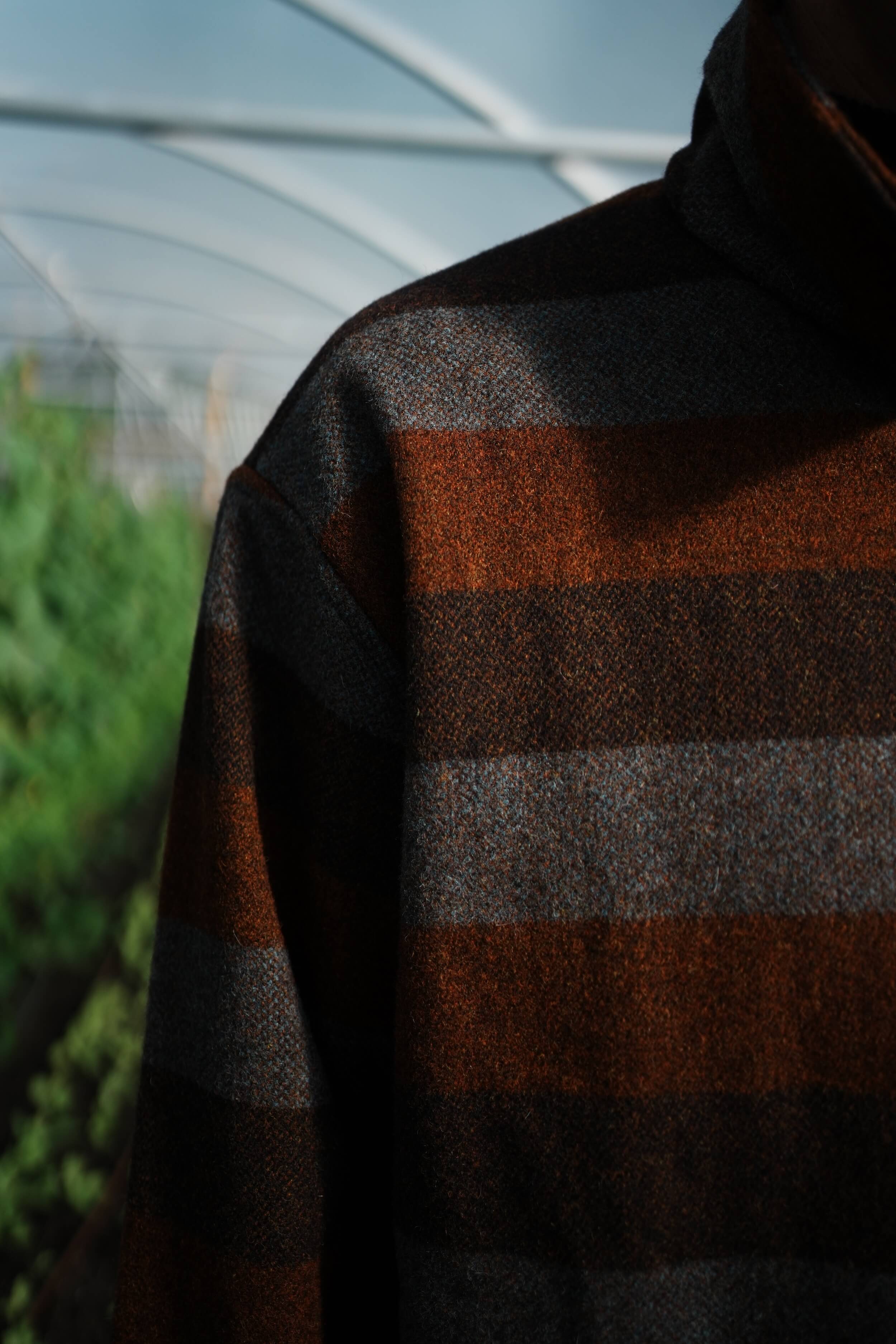 Tommy Wears Carrier Company Yorkshire Wool Jacket In Conker Stripe WIth Merino Wool Jumper, Wool Watch Cap & Men's Work Trouser in Tan