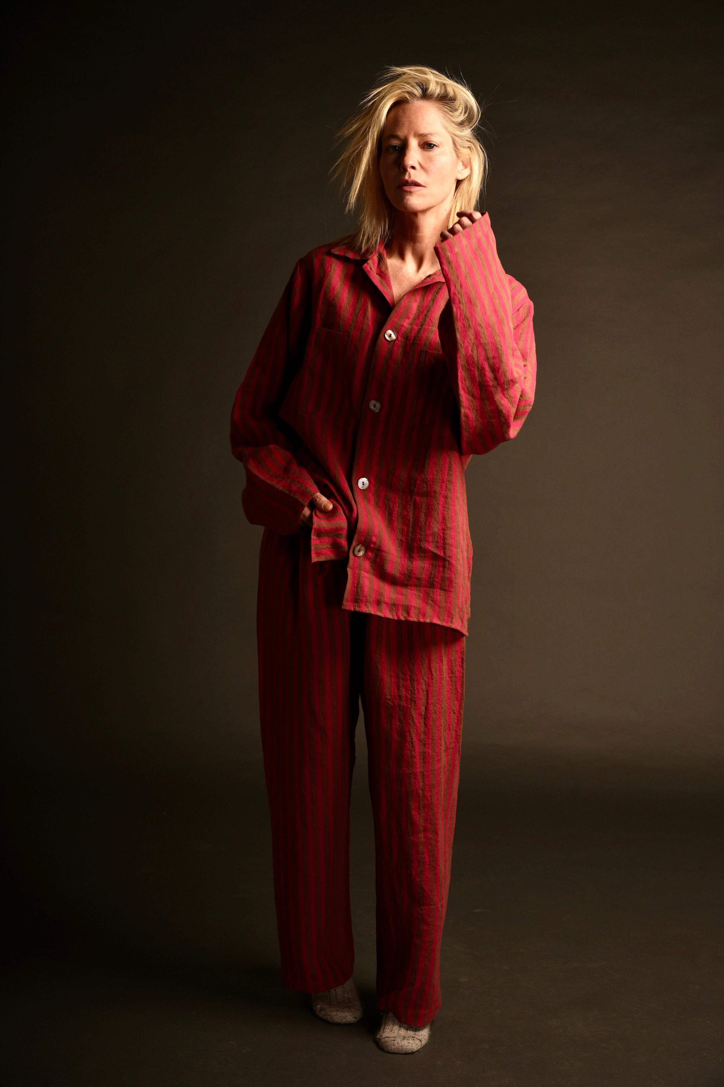 Sienna Wears Carrier Company  cherry and khaki striped linen pyjamas