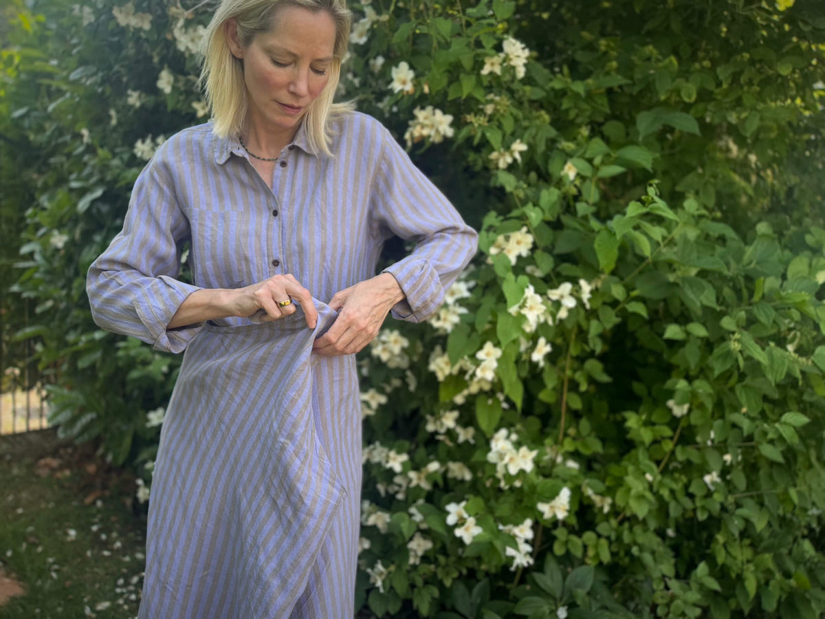 Sioenna Wears Carrier Company Shirt Wrap Dress In Bluebell Stripe