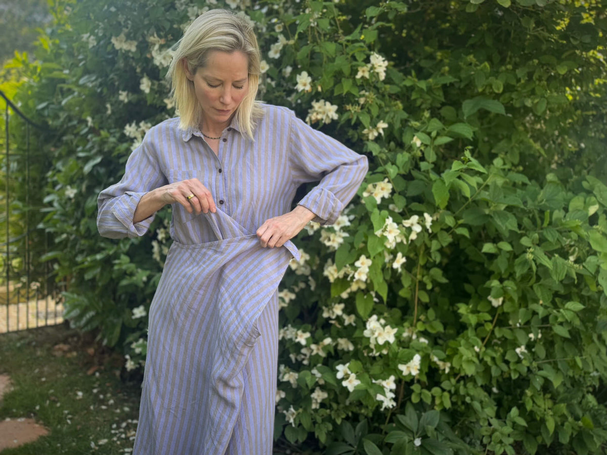 Sioenna Wears Carrier Company Shirt Wrap Dress In Bluebell Stripe