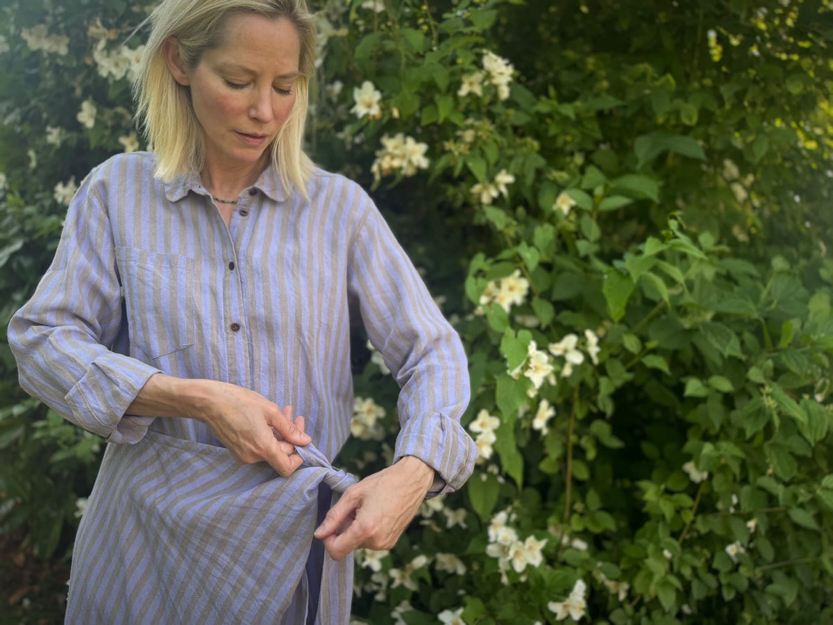 Sienna Wears Carrier Company Shirt Wrap Dress In Bluebell Stripe