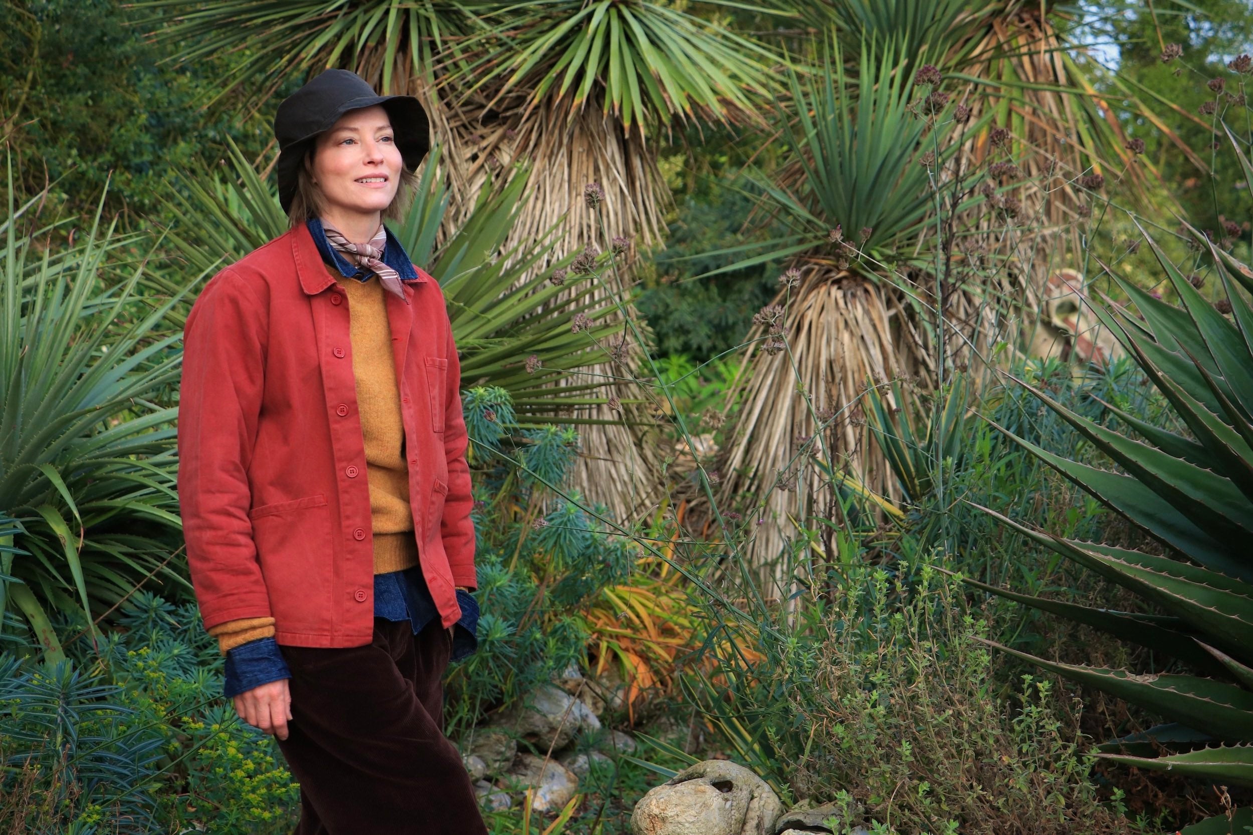 Sienna wears Carrier Company Norfolk Work Jacket in Orange, Denim Collar Shirt, Shetland Lambswool Jumper in Cumin and Dutch Trouser in Corduroy